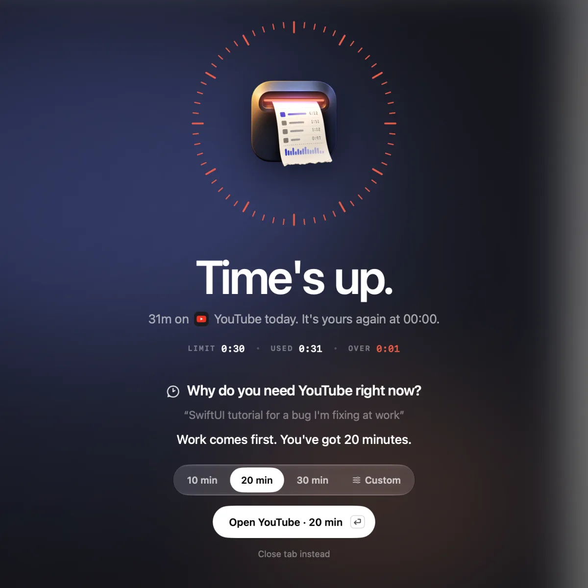 Timecard granting 20 more minutes of YouTube for a work tutorial