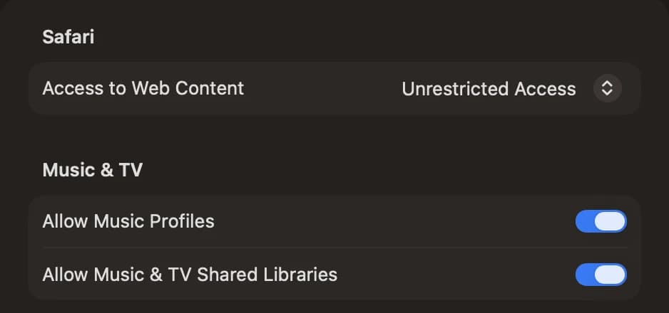 macOS Screen Time, App Store, Media, Web, & Games: Access to Web Content sits under Safari