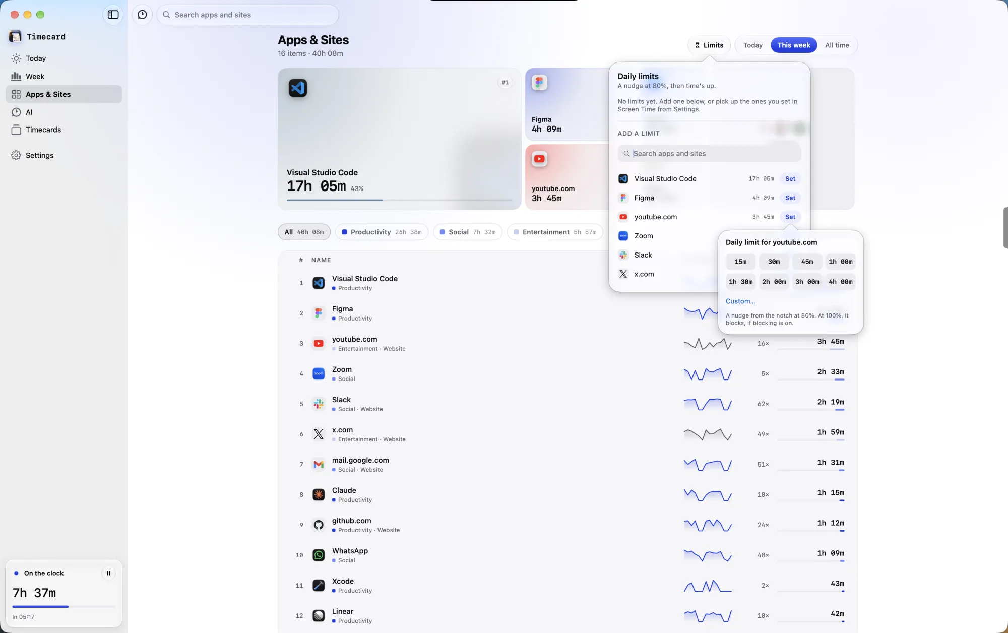 Setting a 30 minute daily limit for youtube.com in Timecard on a Mac