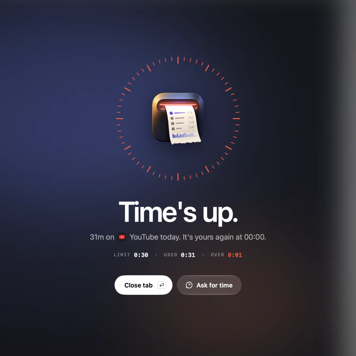 Timecard's time's up screen blocking YouTube on a Mac after the daily limit ran out