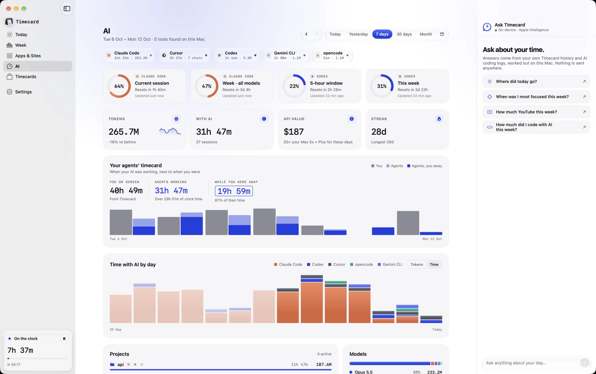 Timecard's AI page with Claude Code and Codex plan limits, tokens and API value