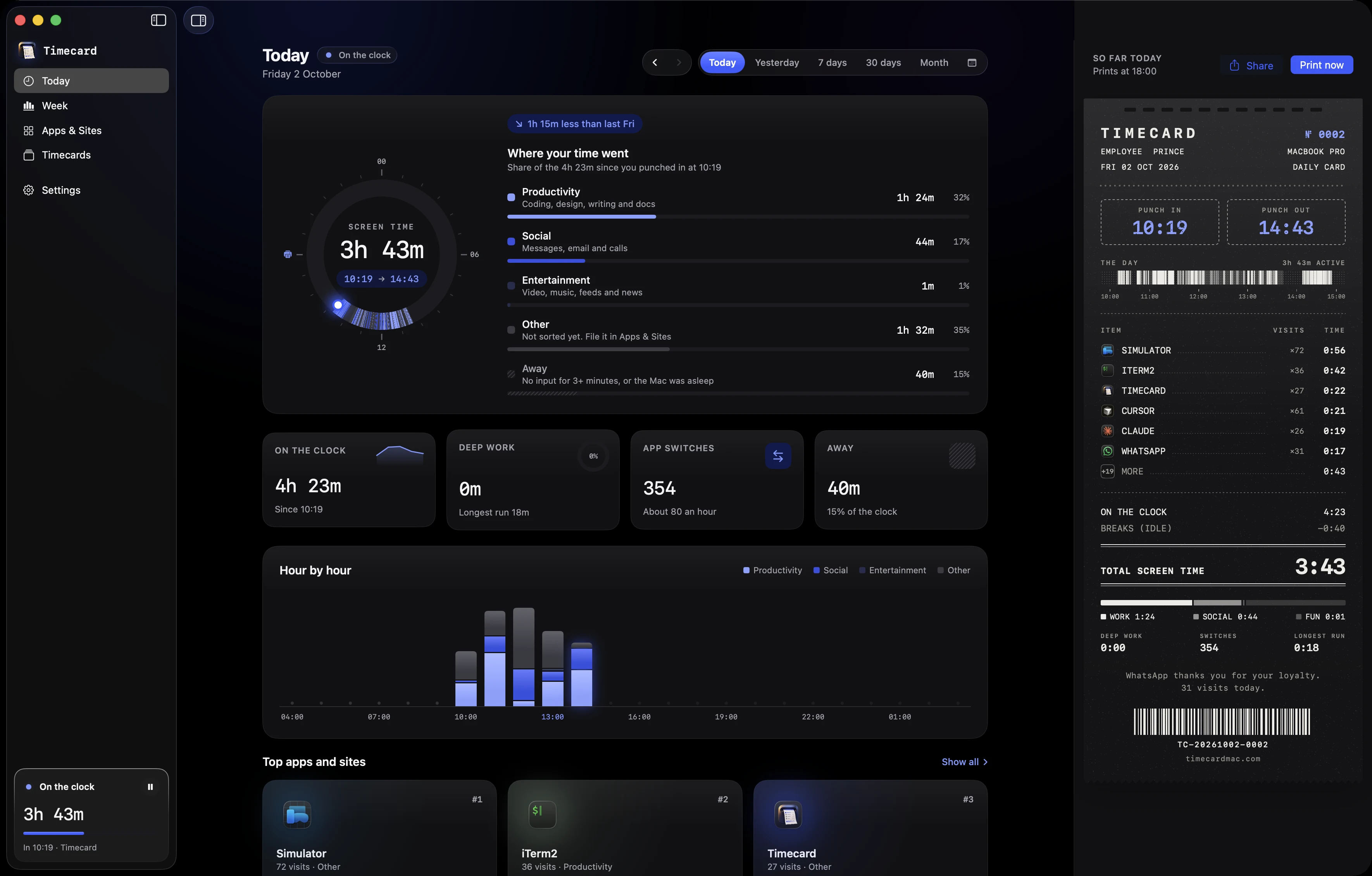 Timecard's Today dashboard