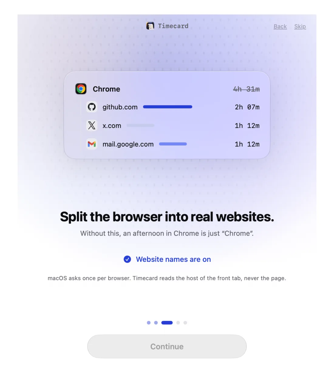 Timecard setup step that turns on website names, splitting Chrome into real websites