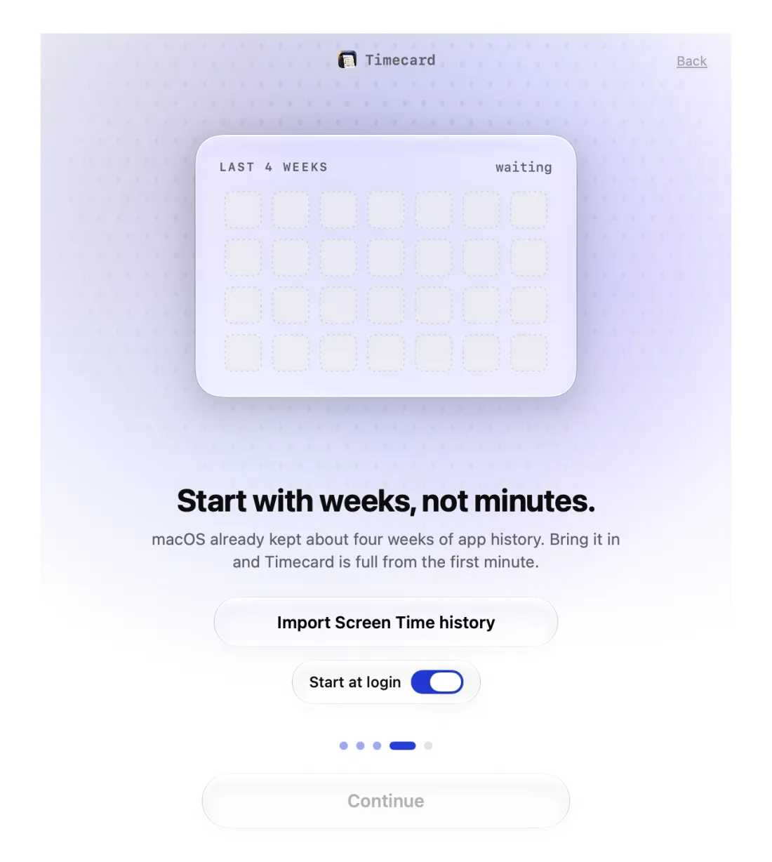 Timecard setup step that imports about four weeks of macOS Screen Time history