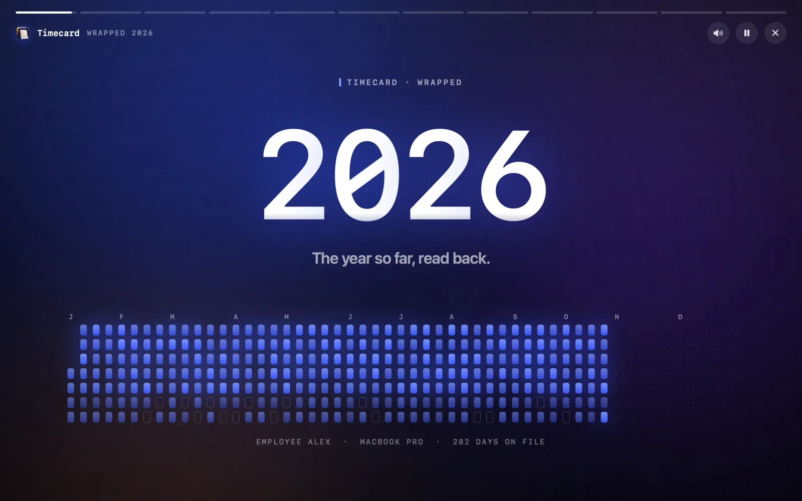 Timecard Wrapped's cover: 2026, with the year punched day by day