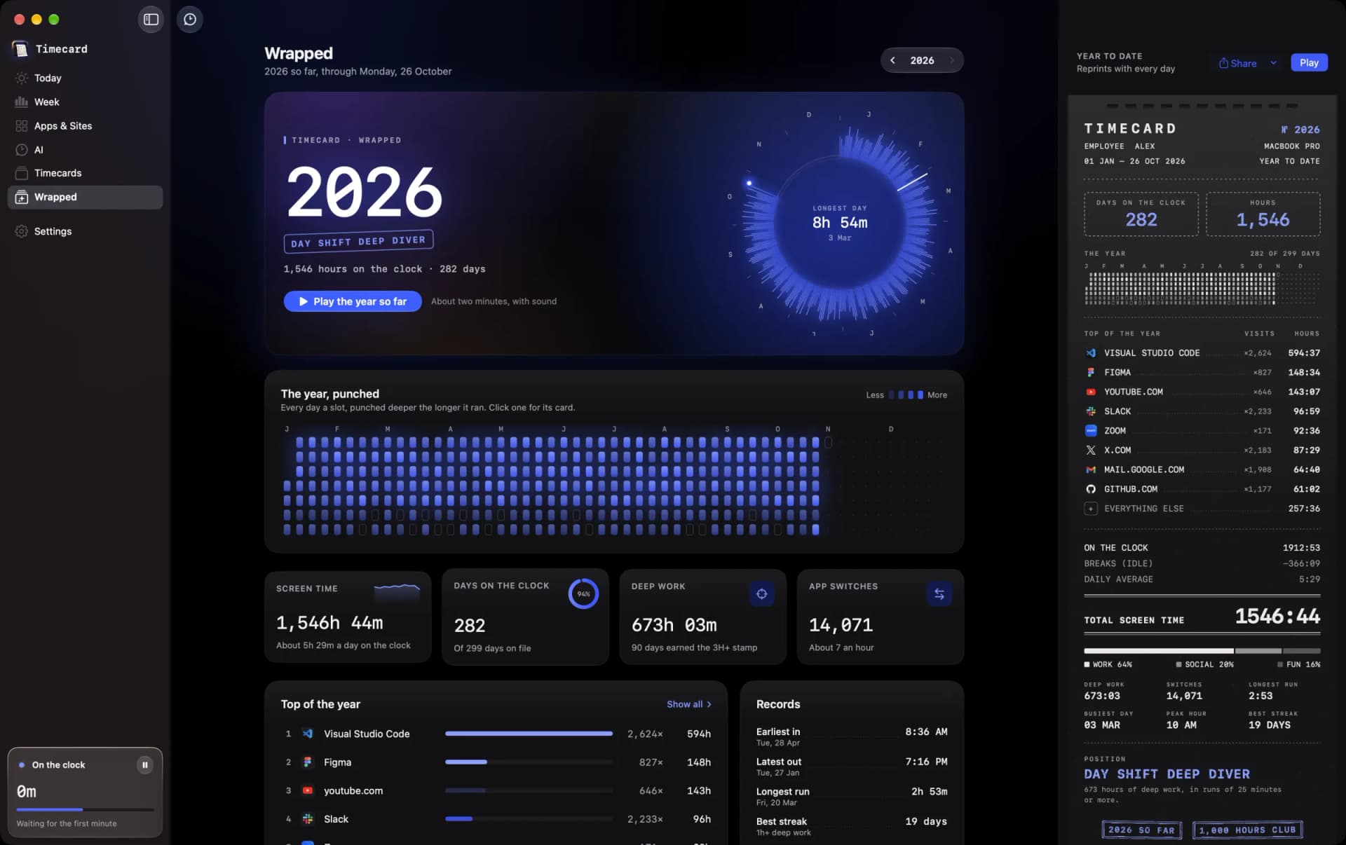 Timecard's Wrapped page on a Mac in dark mode: the year punched day by day, top apps, records and the annual card