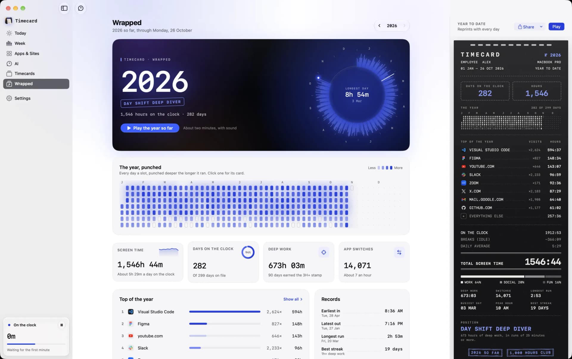 Timecard's Wrapped page on a Mac in light mode: the year punched day by day, top apps, records and the annual card